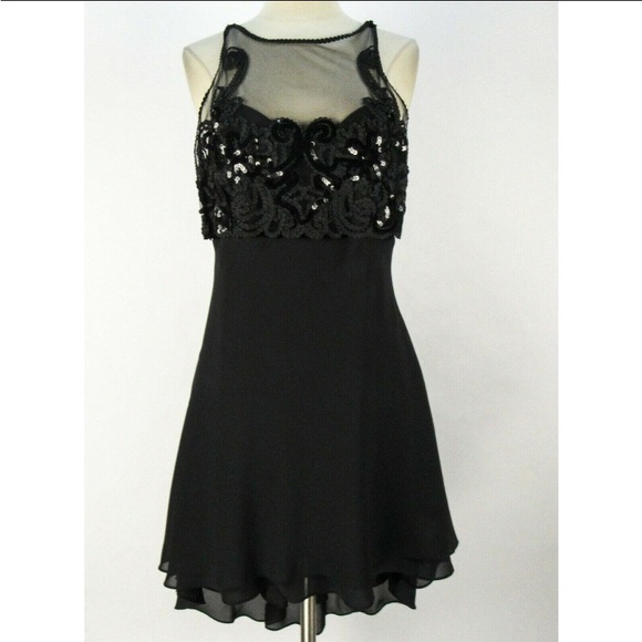 Vintage 90s Betsy & Adam Black Mini Party Dress S Lace Illusion Strappy Ruffle - Picture 3 of 7